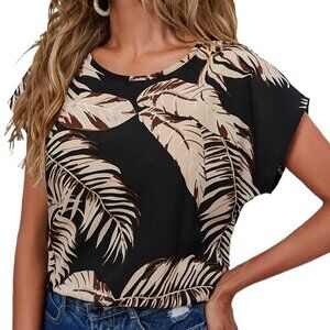 Boho Leaf Print Crew Neck Blouse, Casual Short Sleeve Blouse